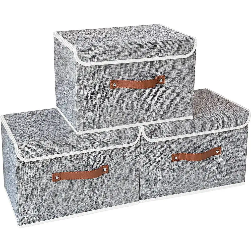 

3 Pack Storage Boxes with Lids,Collapsible Linen Fabric Storage Basket Bins for Towels,Books,Toys,Clothes,Grey