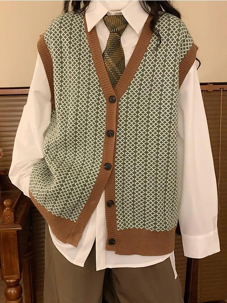 

Женский винтажный свитер в стиле преппи, свободный трикотажный кардиган с V-образным вырезом, без рукавов, в классическом стиле, 2022