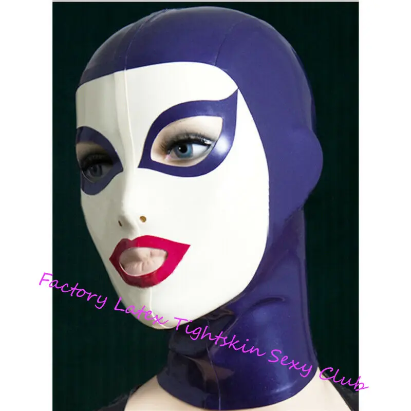 

Латексная Маска для косплея, открытые глаза, рот, нос с пурпурной отделкой, маска на Хэллоуин фетиш, резиновый капюшон, индивидуальный стиль