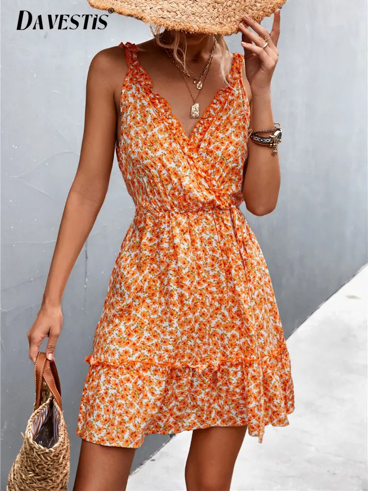 

Casual Floral V Neck Dress Women 2023 Summer Loose Slim Sleeveless Dresses for Women's Fashion Print Ruffle Dress