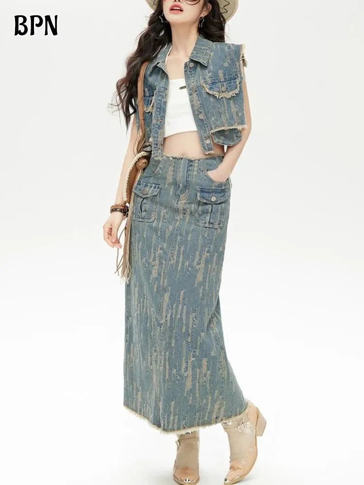 

BPN Patchwork Raw Hem Denim Two Piece Sets For Women Lapel Sleeveless Waistcoat High Waist Split Skirts Slim Set Female Clothing