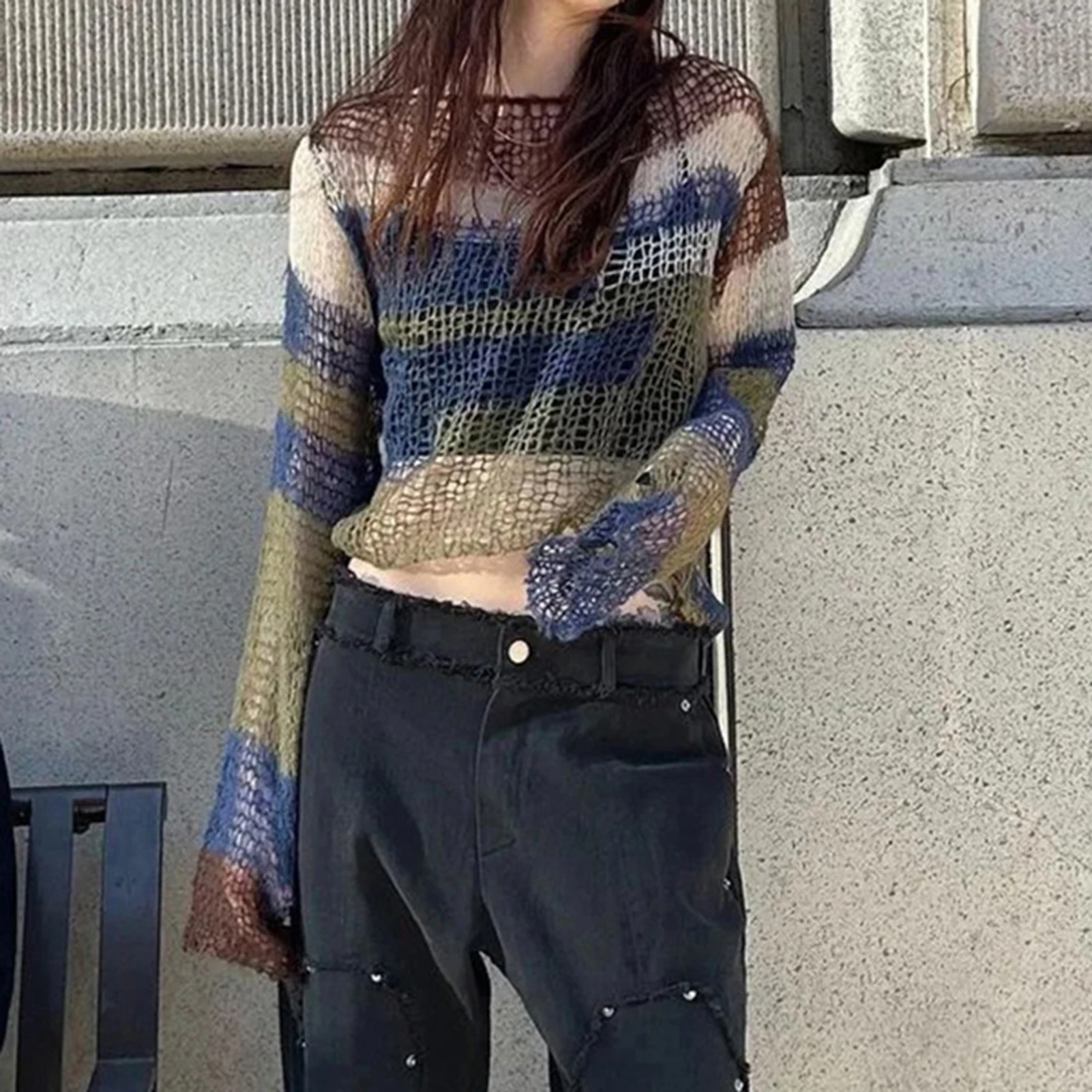 

Женский укороченный свитер с лямкой на шее, легкий сетчатый прозрачный пуловер в стиле ретро с завязкой на спине, Свободный Топ, уличная одежда