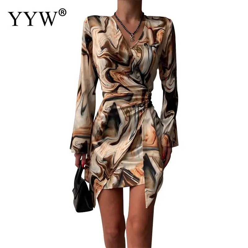 

Long Sleeve Trend Print Dress V-Neck Sexy Short Dresspolyester Sexy Package Hip Dresses Fashion Irregular Deep V Different Size