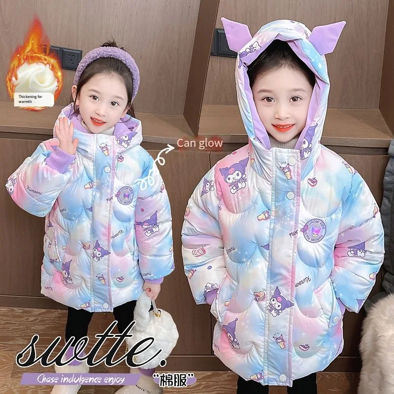 

New Anime Sanrios Kuromi Kids Fashion Cotton Padded Jacket Girls Winter Down Clothes Warmth Hooded Tops Thickened Outerwear Gift