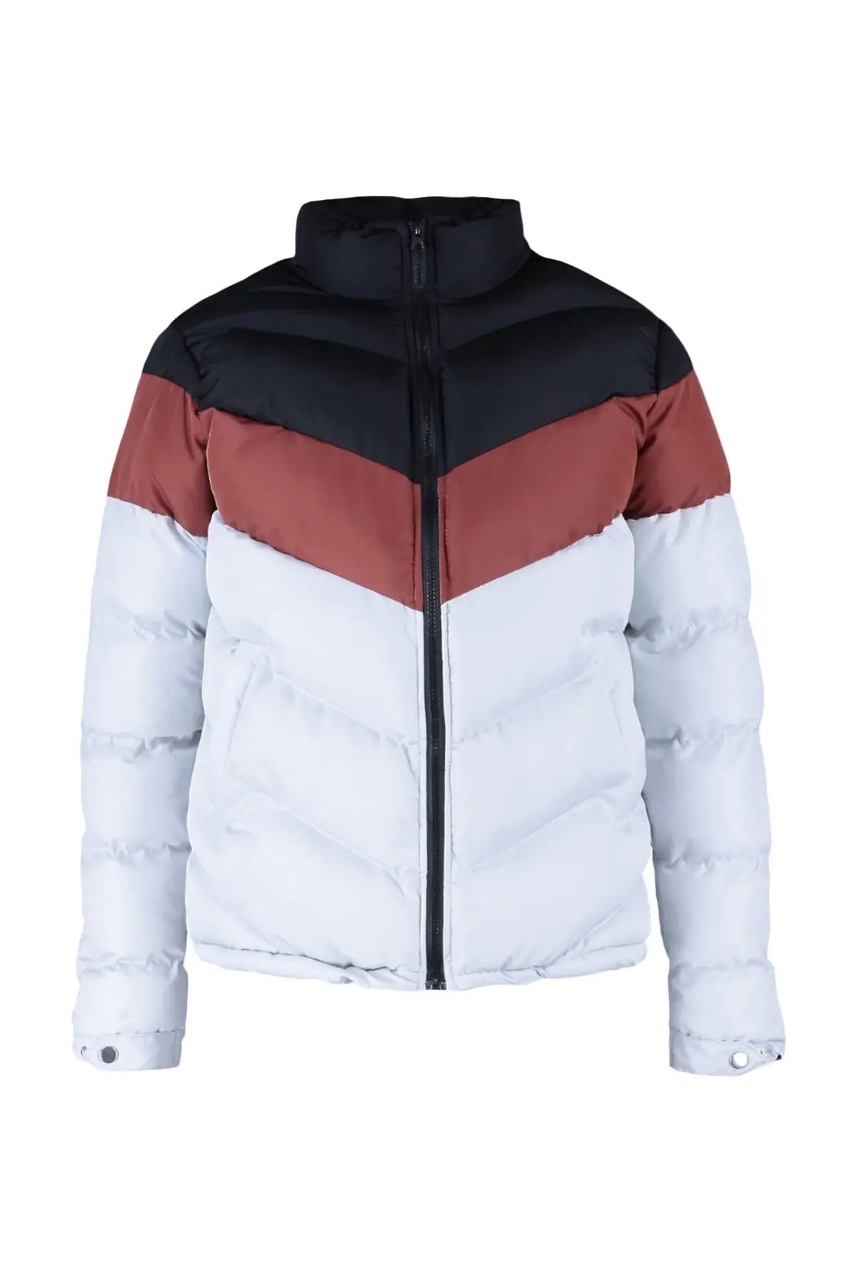 Black Men's Stand Collar Color Block Windproof Jacket TMNAW22MO0166