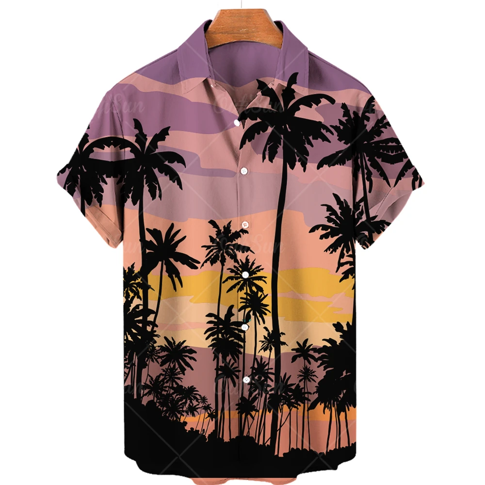 

5XL Men's Hawaiian Shirts Sunset Coconut Tree Print Shirts for Men Oversized Tops Fashionable Seaside Vacation Short Sleeves New