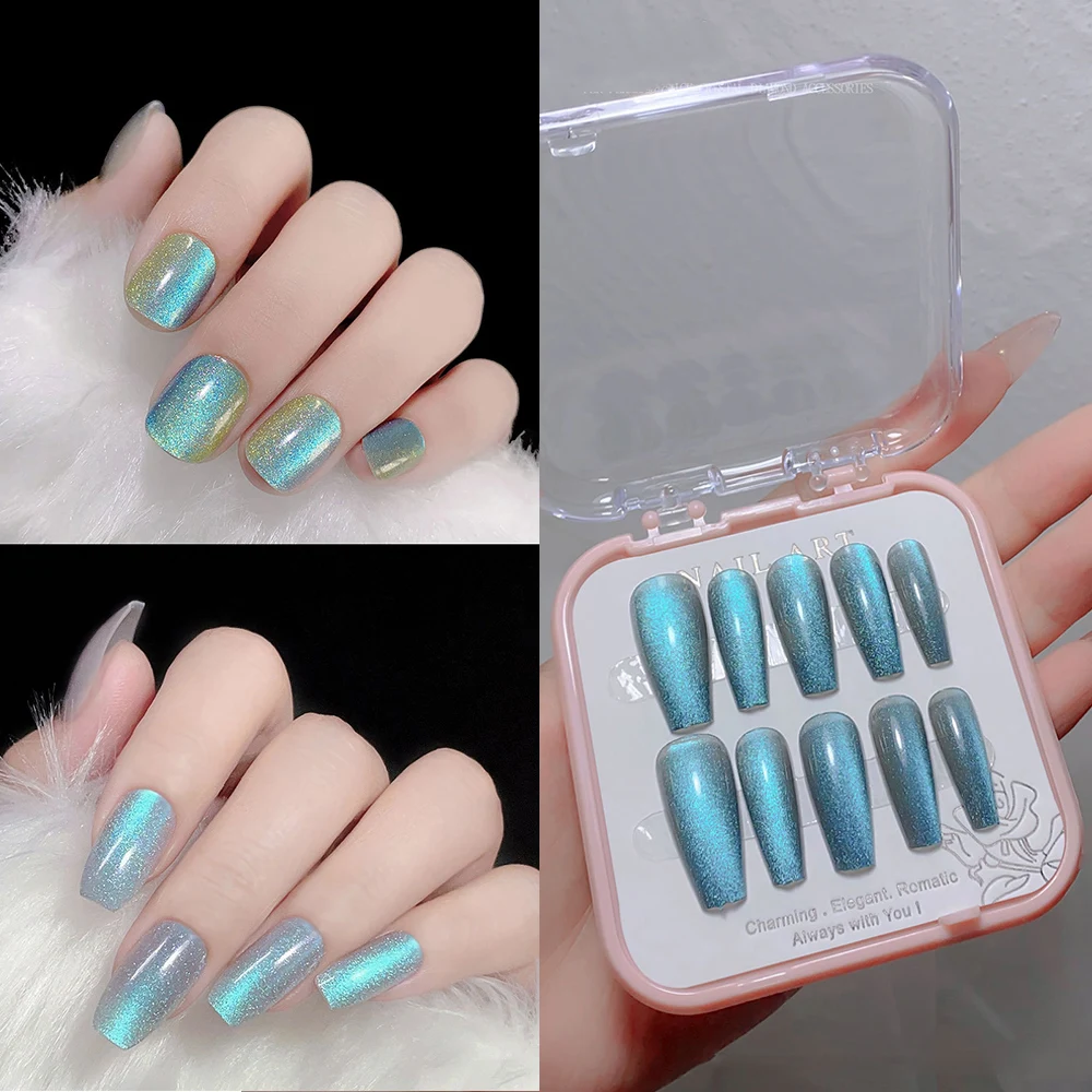 

Crystal Cat Eye Press On Nail Shinny Fake Nails Glitter False Nail Patches Acrylic Wearing Long Square Full Cover Nail Tips