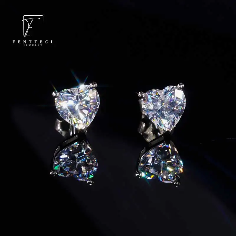 FENTTECI S925 Sterling Silver Real Moissanite Diamond Stud Earrings Heart Shaped for Women Jewelry Wedding Engagement With GRA