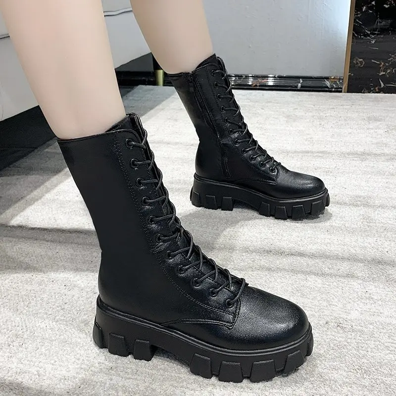 

Rimocy Large Size 43 Women Motorcycle Ankle Boots Autumn Winter Fashion Platform PU Leather Boots Woman Thick Sole Lace Up Shoes