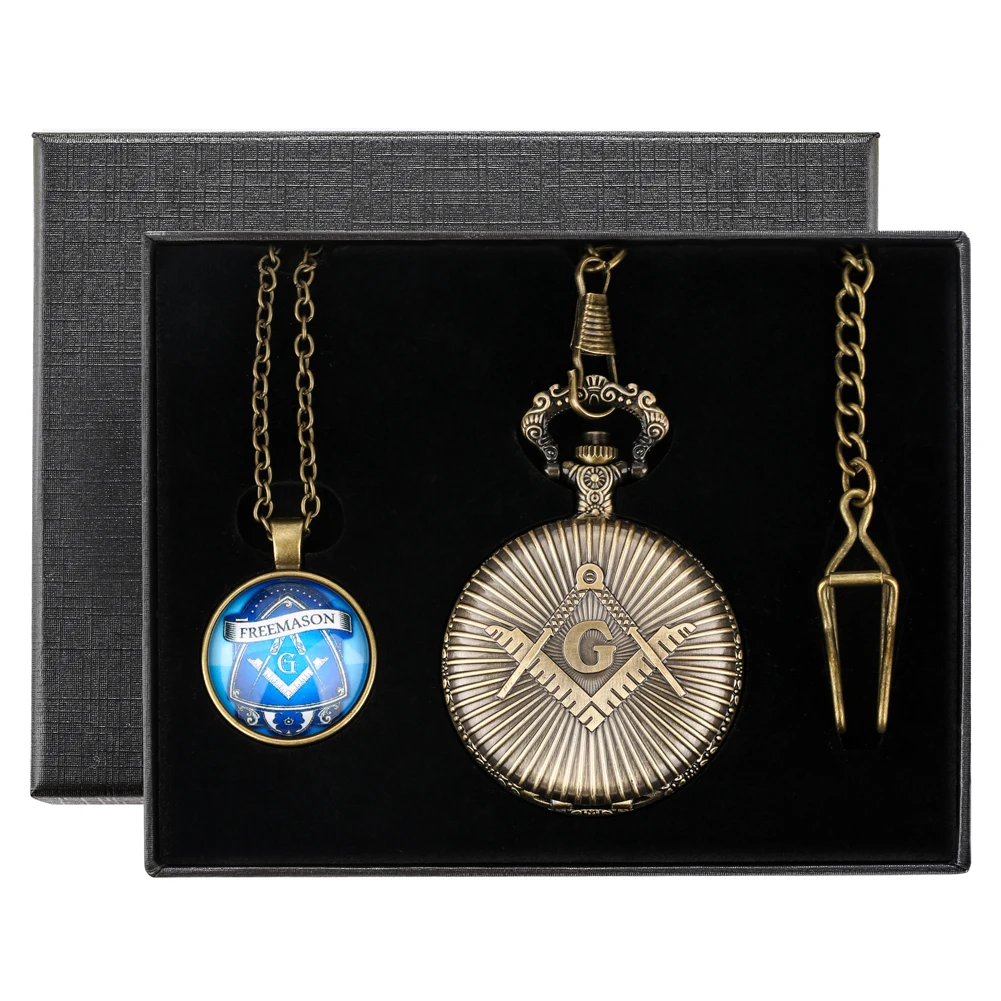 Steampunk Vintage Masonic Themed Quartz Pocket Watch Pendant Sets Box Gift Arabic Numerals White Dial Fob Chain Pocket Timepiece