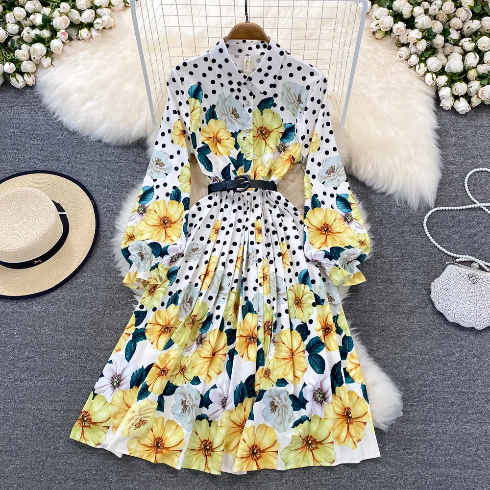 

Женское винтажное платье миди с поясом, желтое вечерние ское праздничное платье с длинным рукавом и цветочным принтом в горошек, весна-осен...