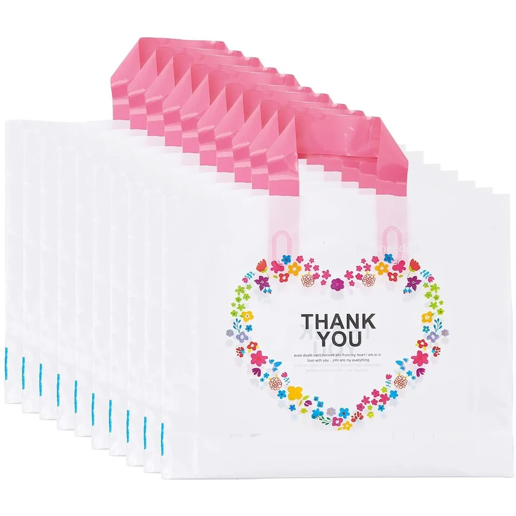 

50Pcs Thank You Bags for Business 9.8" x 13.8" Floral Plastic Shopping Bags with Handles Merchandise Bags for Boutique