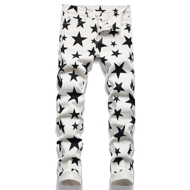

New European 5-pointed Star Digital Printed Jeans Men's Slim Body Flower Trousers Fashion Stretch Pencil Pants Casual Cllothing