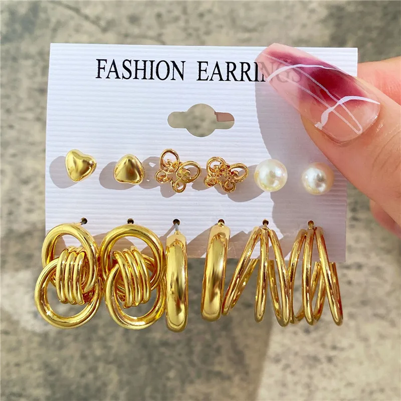 

KOTiK Punk Vintage Geometric Pearl Earring Set Gold Color Heart Butterfly For Women Big Round Female Party Jewelry Gifts