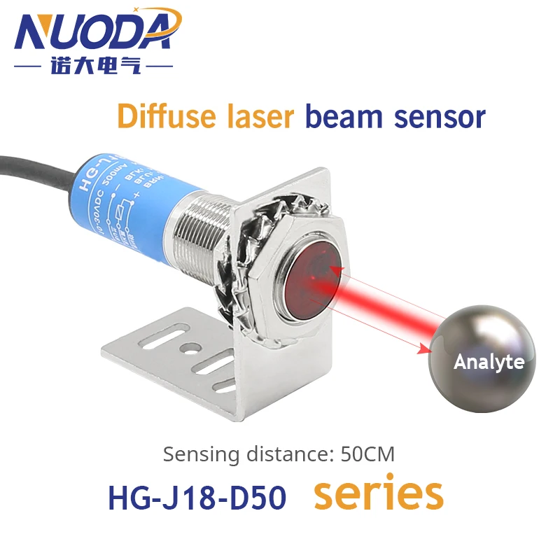 

NUODA M18 Diffuse Laser Spot Photoelectric Sensor Switch HG-J18-D50 Series Adjustable Distance Detection Range 50-500mm 0.5mm