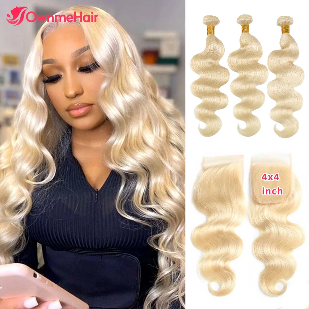 

Body Wave 613 Blonde Human Hair Bundles with Closure Peruvian Remy Human Hair Weave 613 Lace Closure with 3 Bundle Honey Blonde