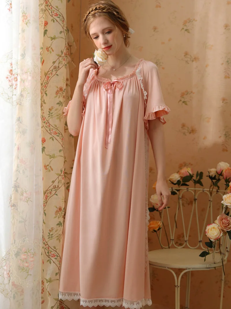 

Women Summer Short Sleeve Court Pajamas Vintage Princess Nightgowns Sleepwear Sweet Girls Ruffles Drawstring Loose Night Dress