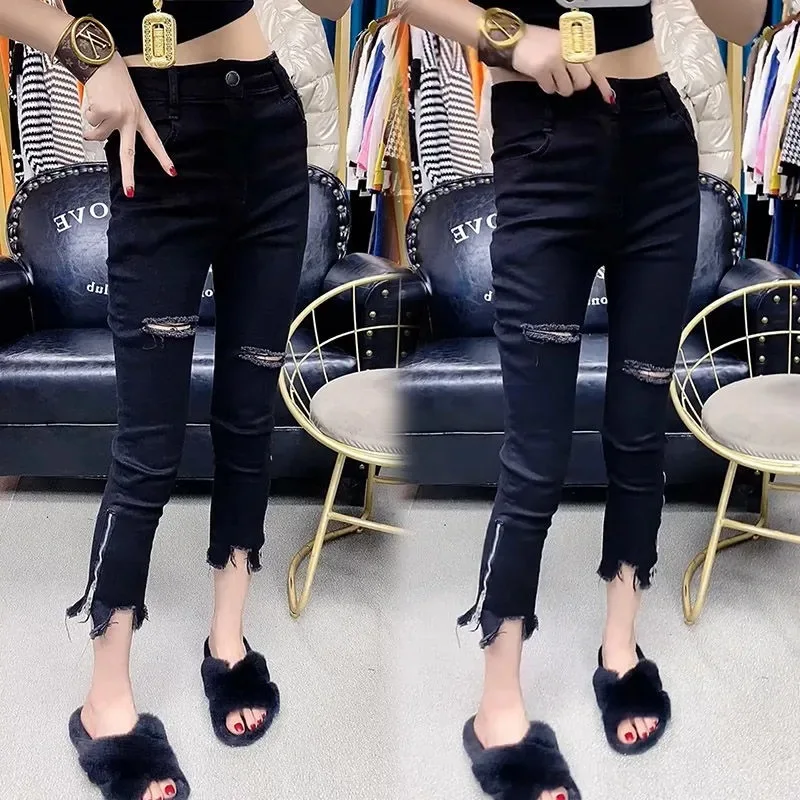 

2022 fashion black high waist thin ripped pencil pants women's thin straight jeans