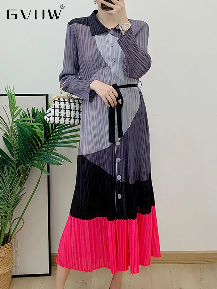 

GVUW Printed Dress For Women Autumn 2023 New Patchwork Contrast Color Single Breasted Lace-up Lapel Long Sleeve Dresses 17G2389