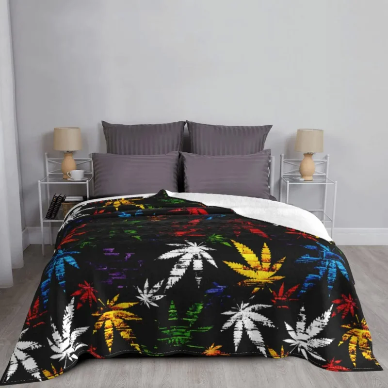 

Cannabis Leaf Blanket Velvet Autumn/Winter Colorful Leaves Floral Portable Lightweight Throw Blanket for Sofa Travel Rug Piece