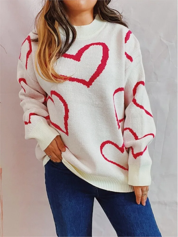 Свитер с сердечным узором вязаный свитер для женщин осень-зима 2024 новый