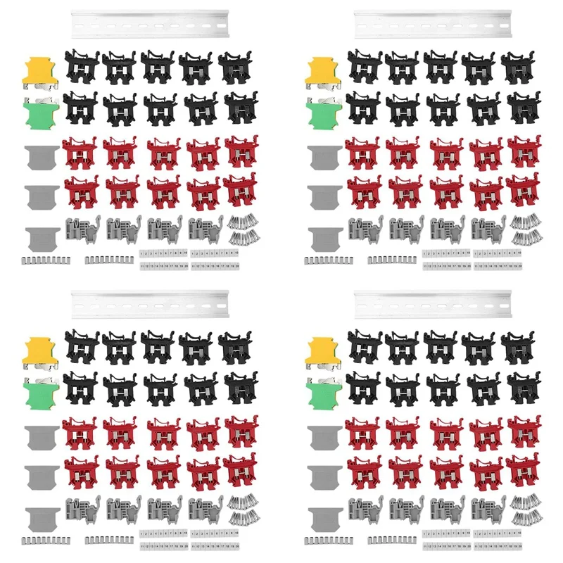 

Комплект 4-х клеммных колодок на DIN-рейку, клеммные колодки, заземляющие колодки, алюминиевая рейка, концевые кронштейны, наконечники, наборы перемычек