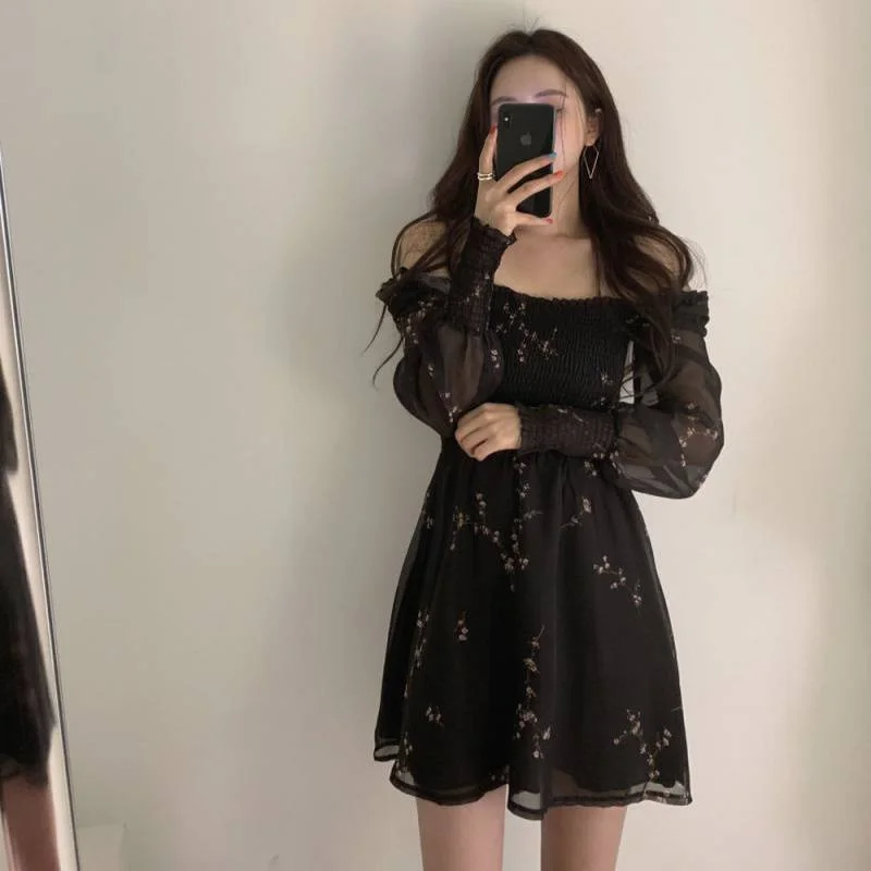 Spring Korean Version Casual Mini Vestidos Mujer Clothes Vintage Flower Long Puff Sleeve Chiffon Dresses Womens Sexy Black Dress