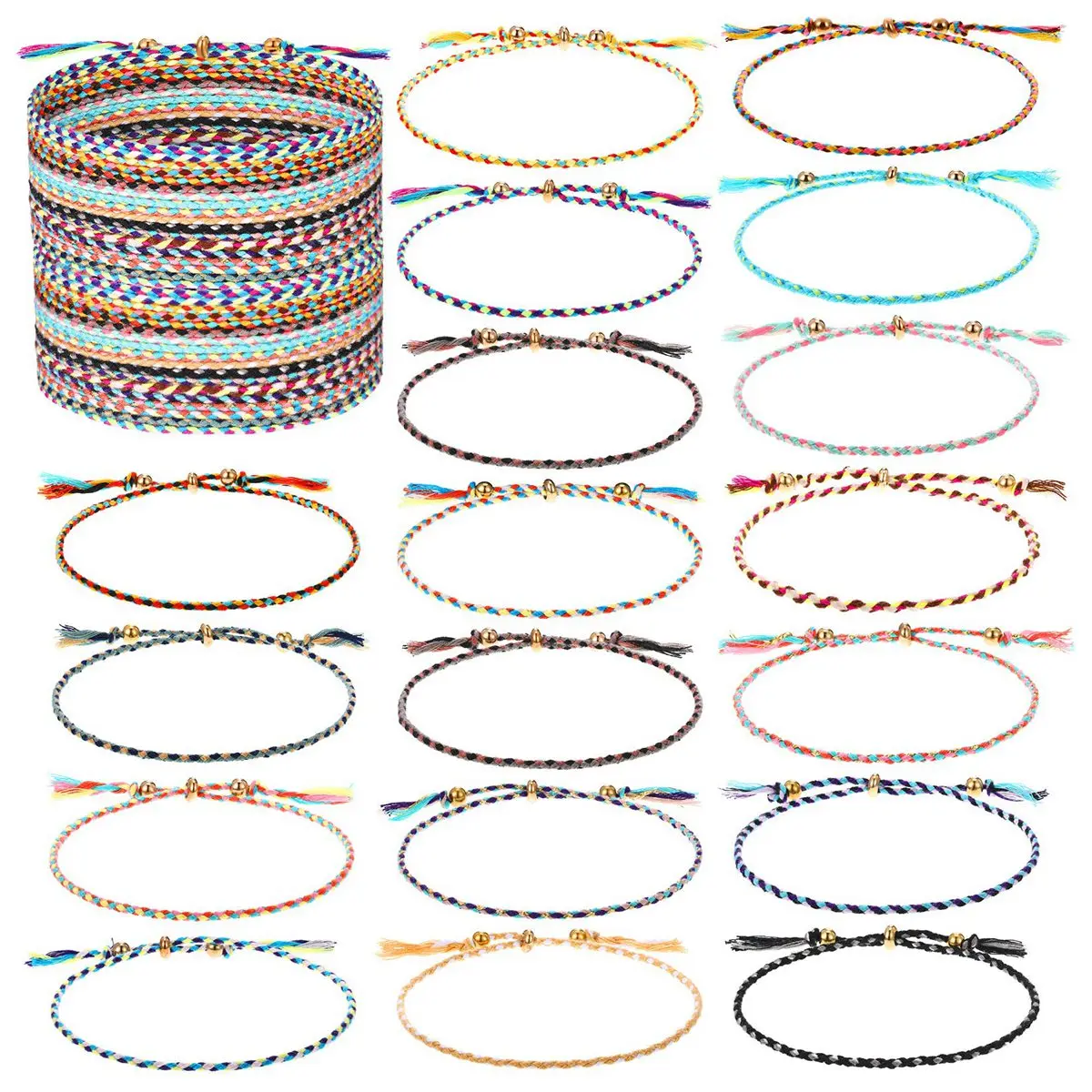 

50Pcs Friendship Braided Bracelet Adjustable Colorful Bracelet Colorful Wrist Cord Anklets Jewelry for Women Teen Girls