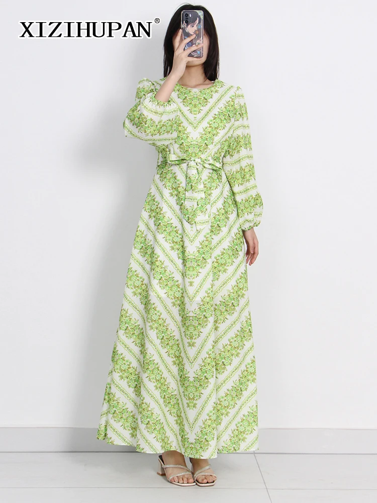 

XIZIHUPAN Loose Spring Dress For Women Round Neck Lantern Sleeve High Waist Print Colorblock Midi Dresses Female Clothing Style