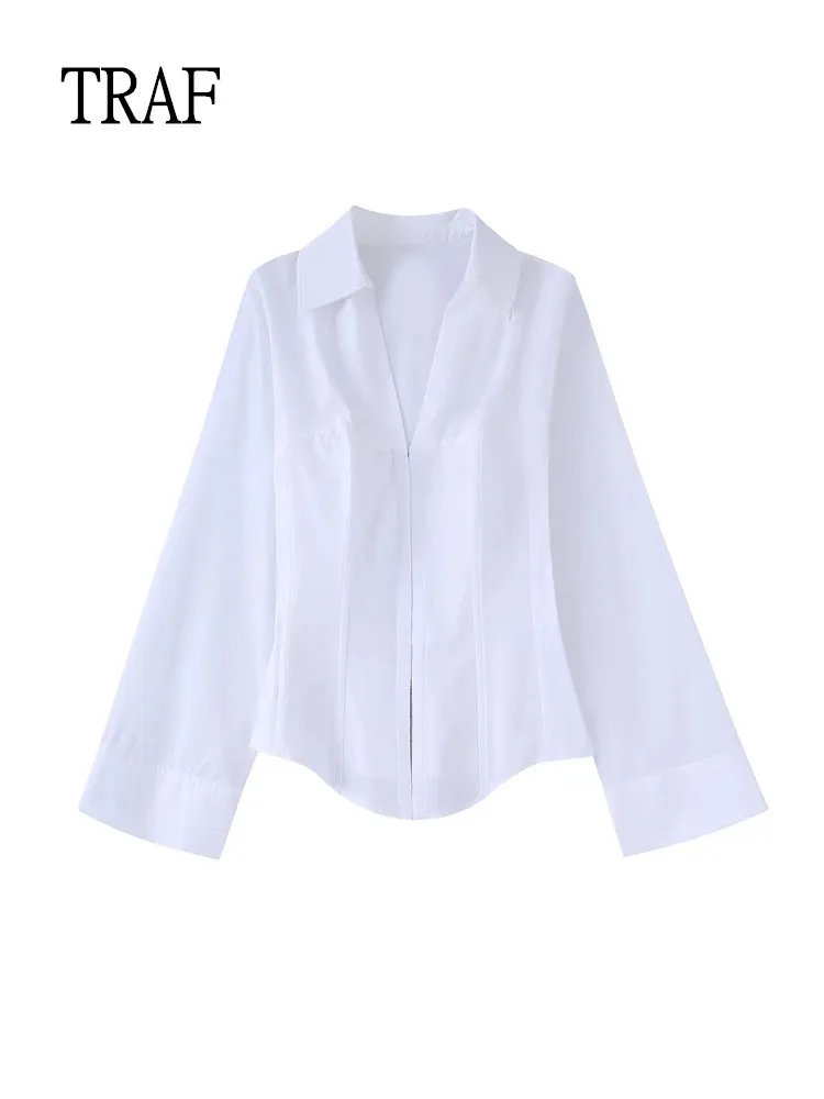 

TRAF White Shirt Women 2022 Summer New Fashion Woman Blouses Long Sleeve Buckle Down Casual Top Female Shirt Chic Tops