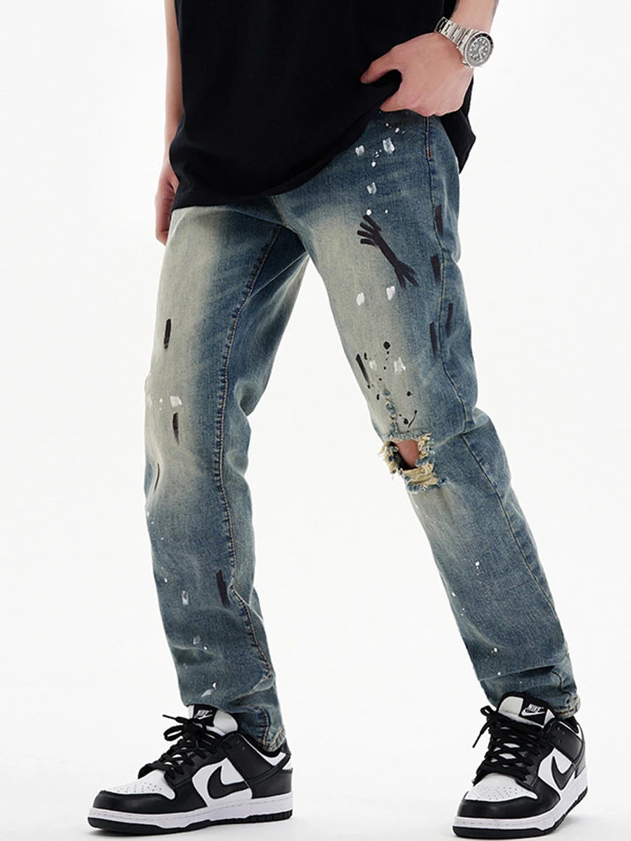 Four Seasons Men's Jeans High Street Graffiti Pants Straight Ripped Casual Trousers Y2k Men Jeans Streetwear Ins Hot Sale JEANS