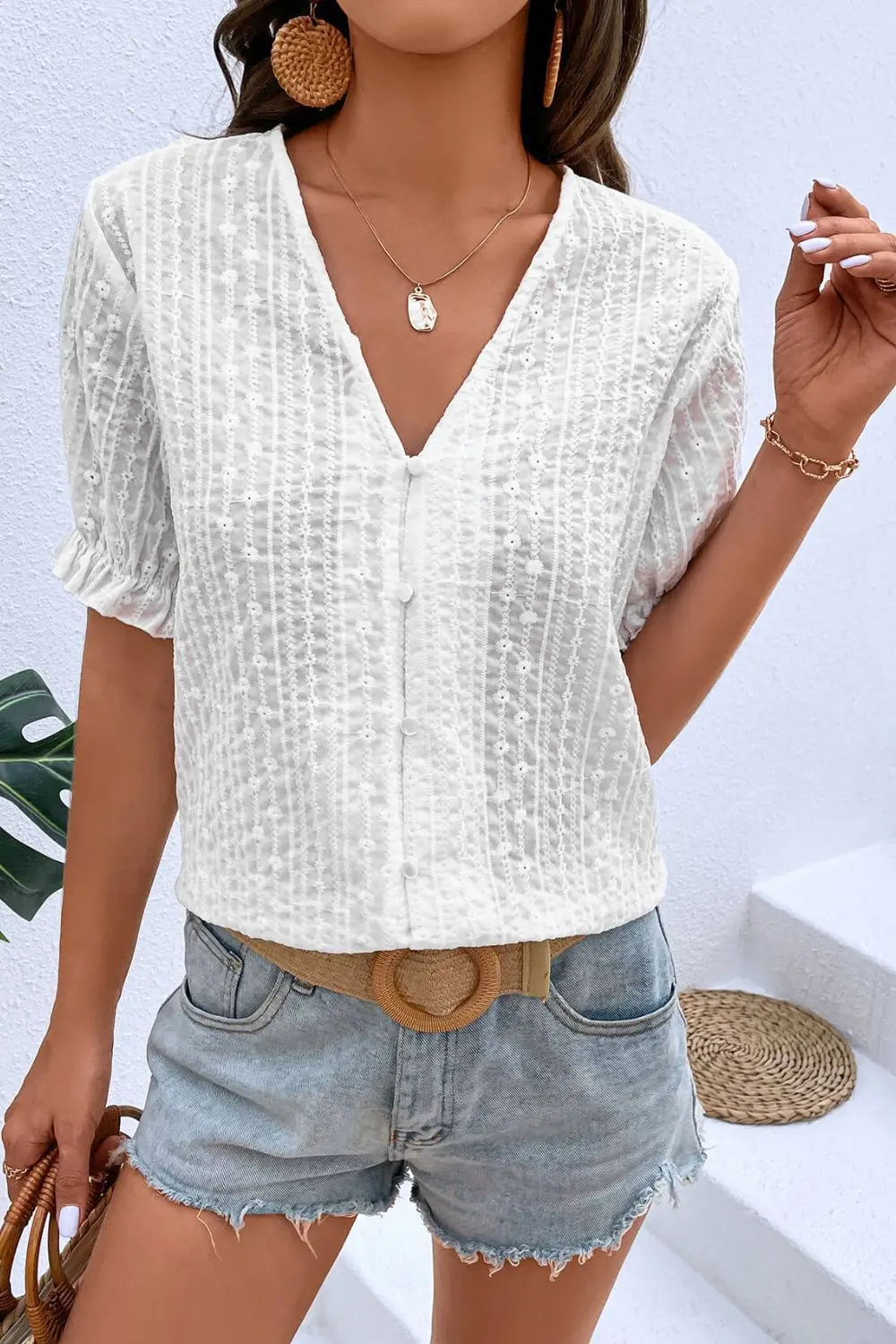 

2023 Women Summer New Solid Color T Shirt Lace V Neck Puff Sleeves Female Casual Loose Tops Tee Blouses Office Lady Elegant
