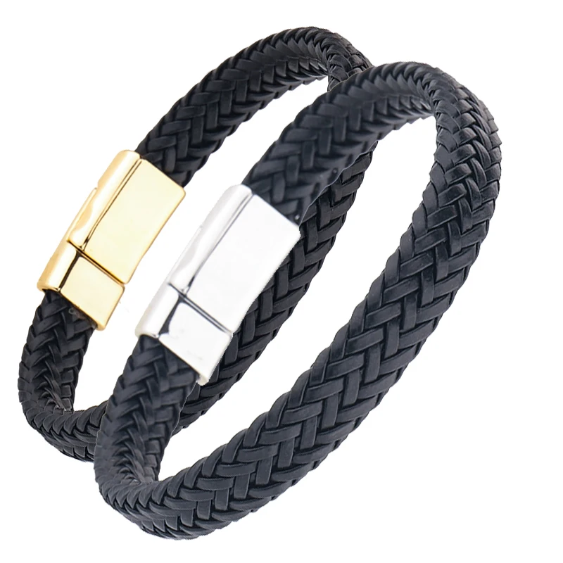 

2023 New Men's Women's Jewelry Black Woven Leather Bracelet Men Stainless Steel Magnetic Buckle Fashion 21.5cm Bracelet Gift