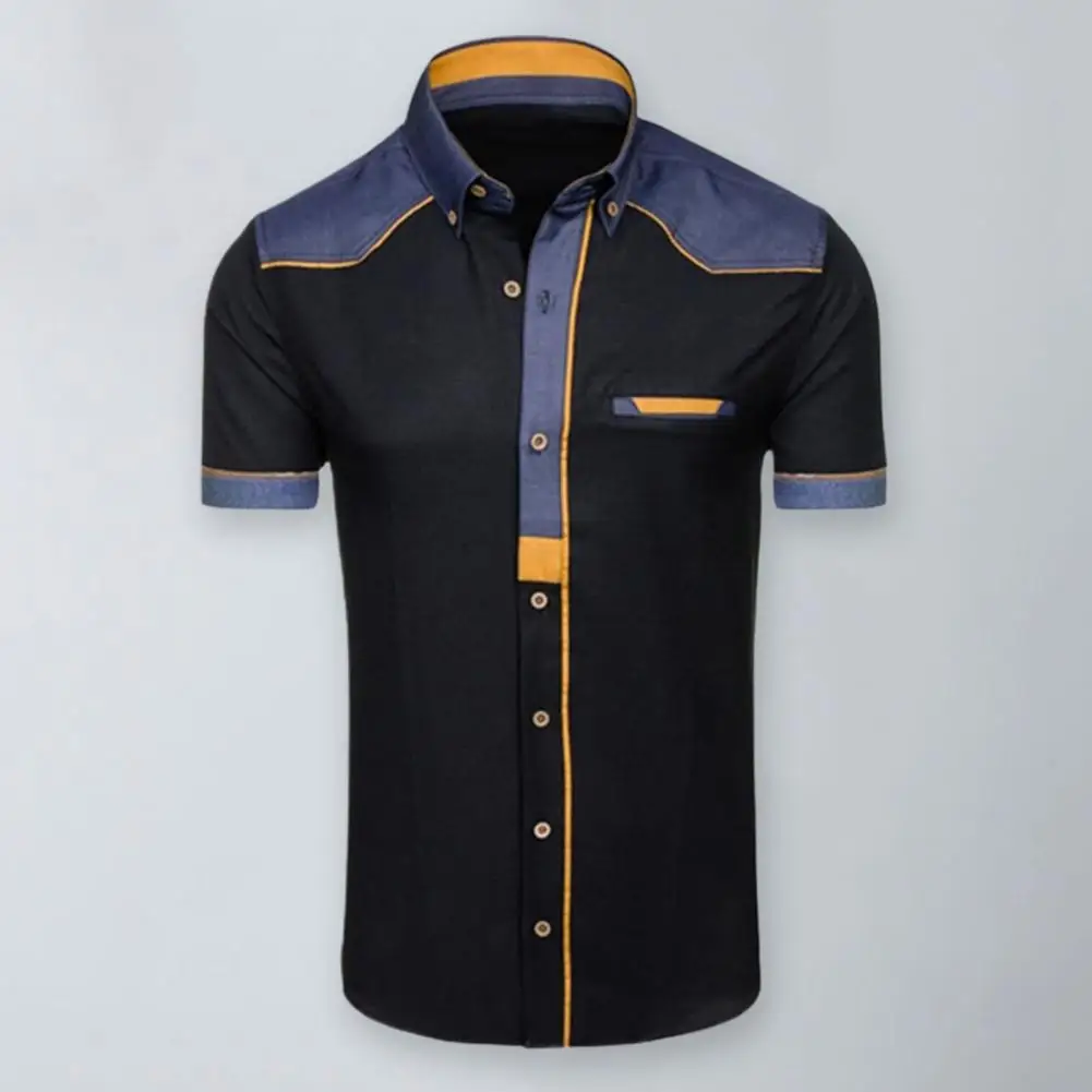 

Men Summer Shirt Lapel Short Sleeve Stitching Contrast Color Stand Collar Match Pants Slim Fit Mid Length Men Summer Top