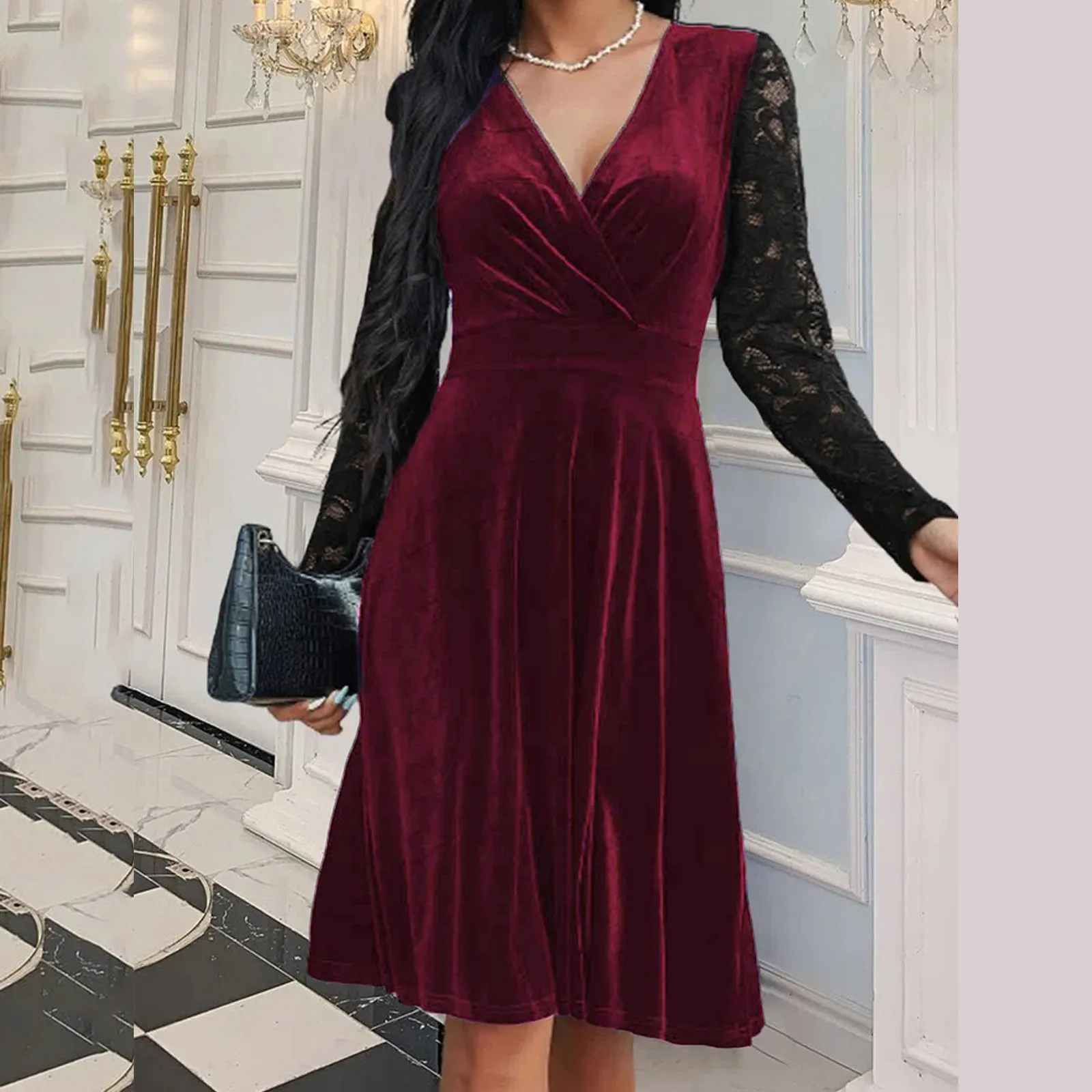 

Women Soild Dress V Neck Fashion Lace Lond Sleeve Splice Dress Office Dress Party Dress