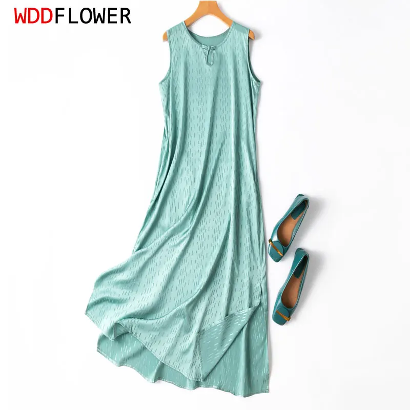 

Women Dress 93% Mulberry Silk 7% Spandex 19 Momme Sleeveless Tank Dress Round neck Color Turquoise Jacquard Midi Dress MM679