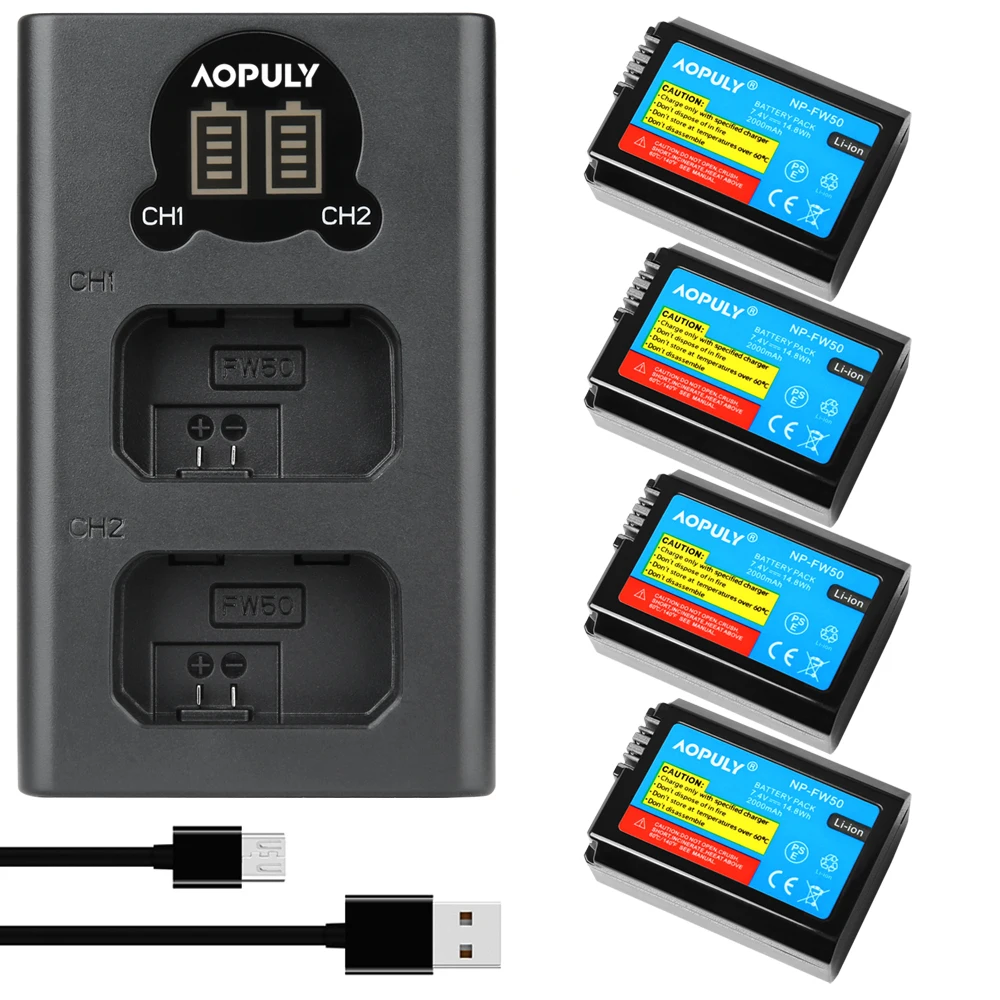 AOPULY 2000mAh NP-FW50 NP FW50 Camera Battery + LCD USB Dual Charger for Sony Alpha a6500 a6300 a6000 a5000 a3000 NEX-3 a7R