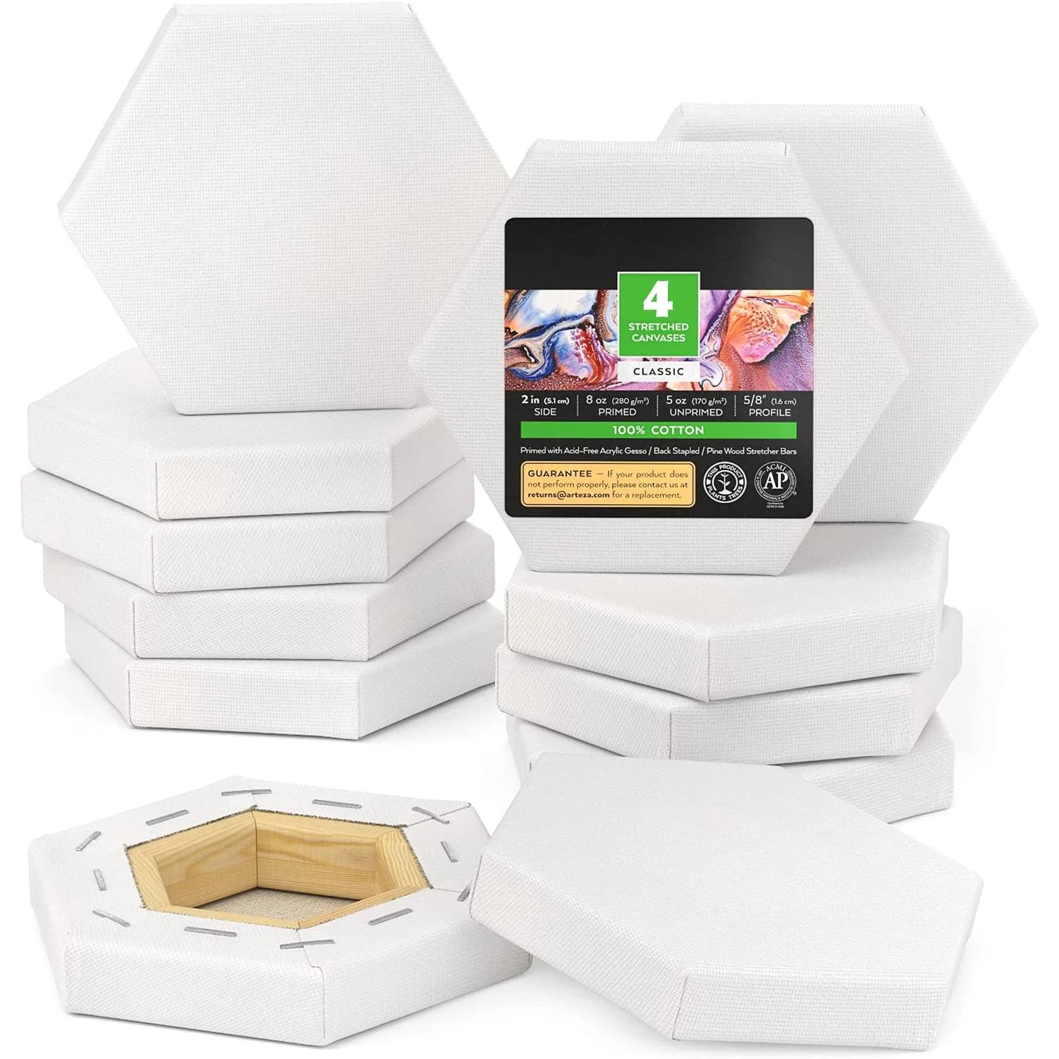 

Paint Canvas for Painting, 4 pcs, Hexagonal Blank Canvas Bulk, 100% Cotton Stretched Canvas, 8 oz Gesso-Primed, Pine Wood Frame