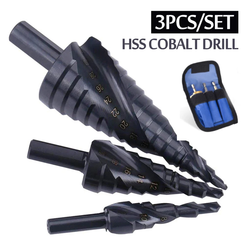 3PCS 4-32MM HSS Cobalt Step Drill Bit Set Nitrogen High Speed Steel Spiral for Metal Cone Triangle Shank Hole Metal Drills Tools