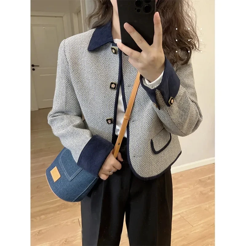 

Женская твидовая короткая куртка, Элегантная куртка контрастных цветов с отложным воротником и карманами, на одной пуговице, корейская мода