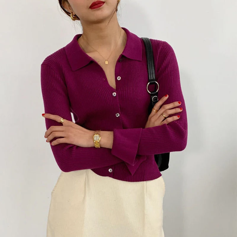 

Женский Укороченный кардиган, тонкий вязаный кардиган с отложным воротником, приталенный силуэт, однотонный джемпер, весна-осень 2022