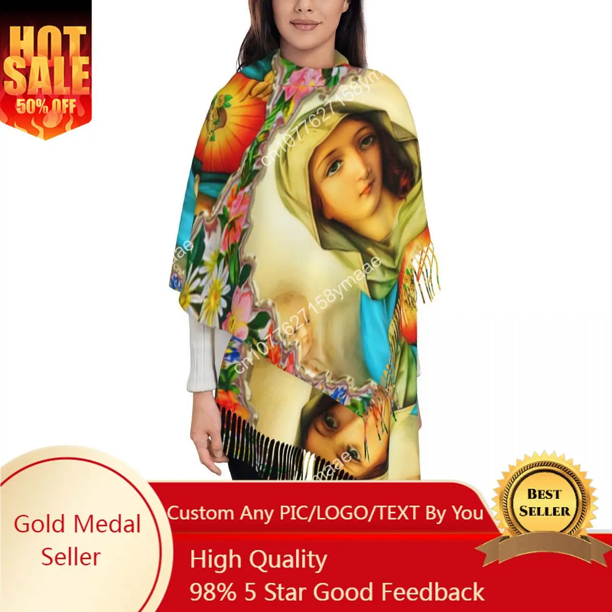 

Custom Womens Scarf with Tassel Heart Of Virgin Mary Catholic Saint Large Winter Warm Shawl and Wrap Gifts Cashmere Scarf