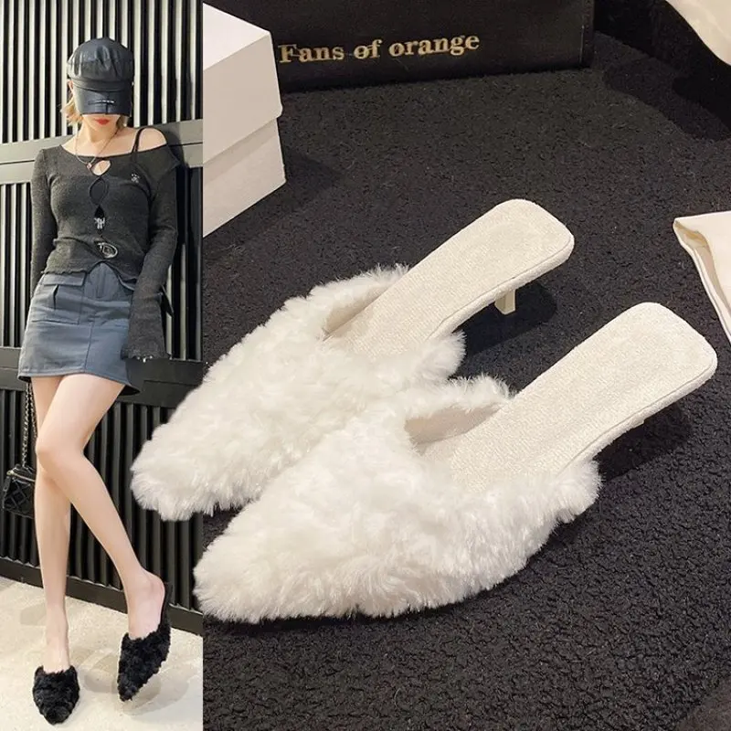 Роскошные пушистые Сланцы на каблуке с котенком женские розовые пикантные