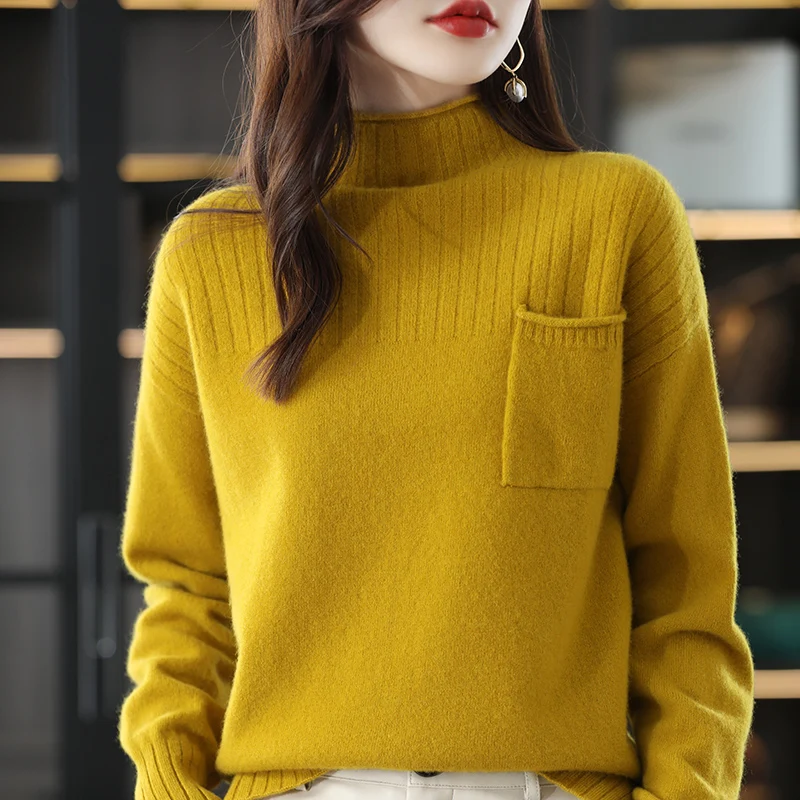 

100% Pure Wool Sweater Women's Half Turtleneck Pullovers Autumn Winter New Casual Korean Fashion Knitted Cashmere Tops Women