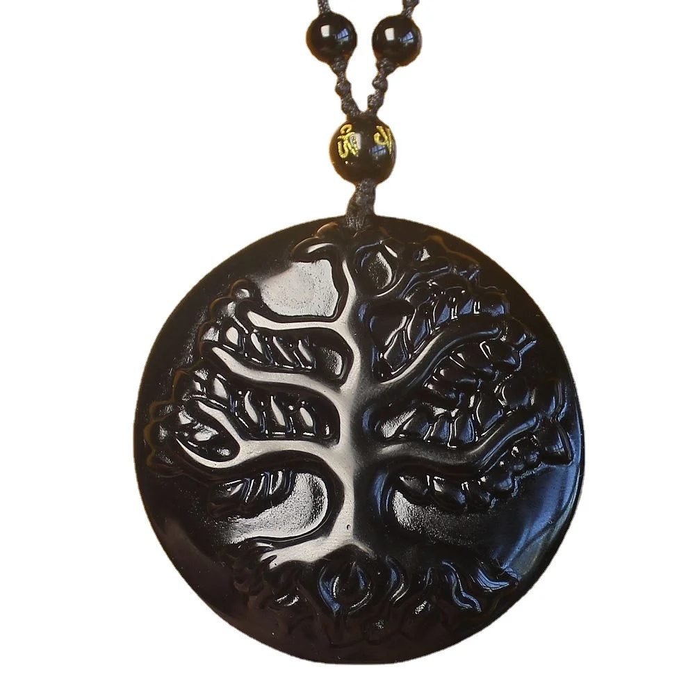 

Ожерелье из натурального черного обсидиана с подвеской в виде дерева жизни