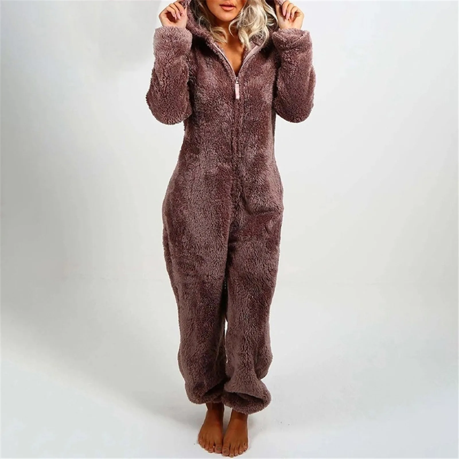 

Women'S Long Sleeve Hooded Jumpsuit Pajamas Casual Winter Warm Rompe Sleepwear Onepiece Homewear Plush Romper Pajamas Onesie