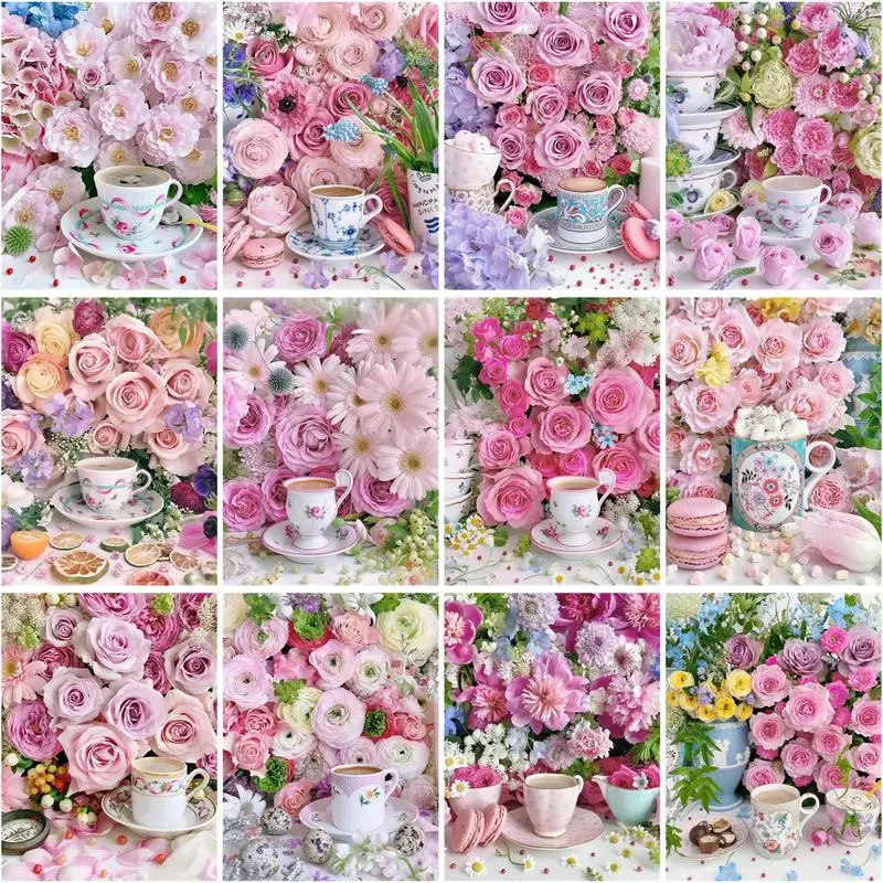 

CHENISTORY Oil Painting By Numbers Handmade Coloring By Numbers Spring Pink Flowers Number Painting Home Decor Gift