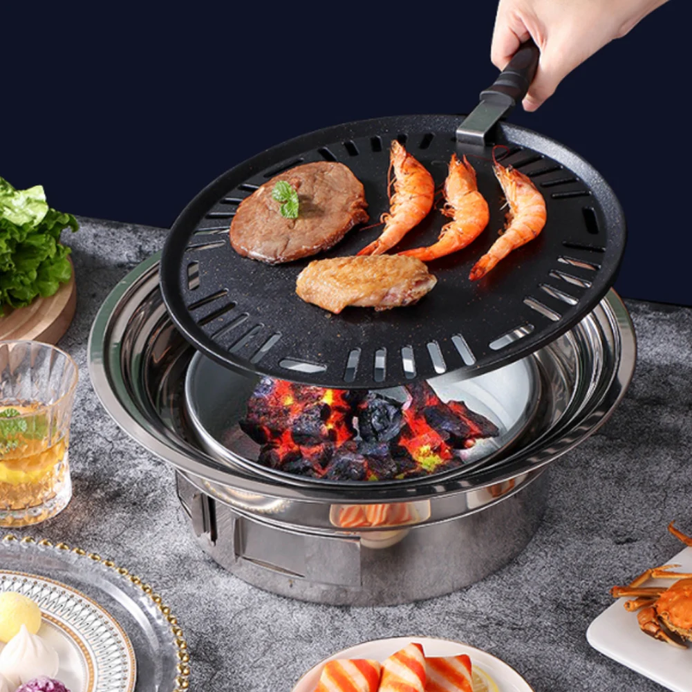 

Stainless Steel Korean Charcoal Barbecue Grill Round Non-stick Barbecue Grills Portable Charcoal Grill for Outdoor Camping BBQ