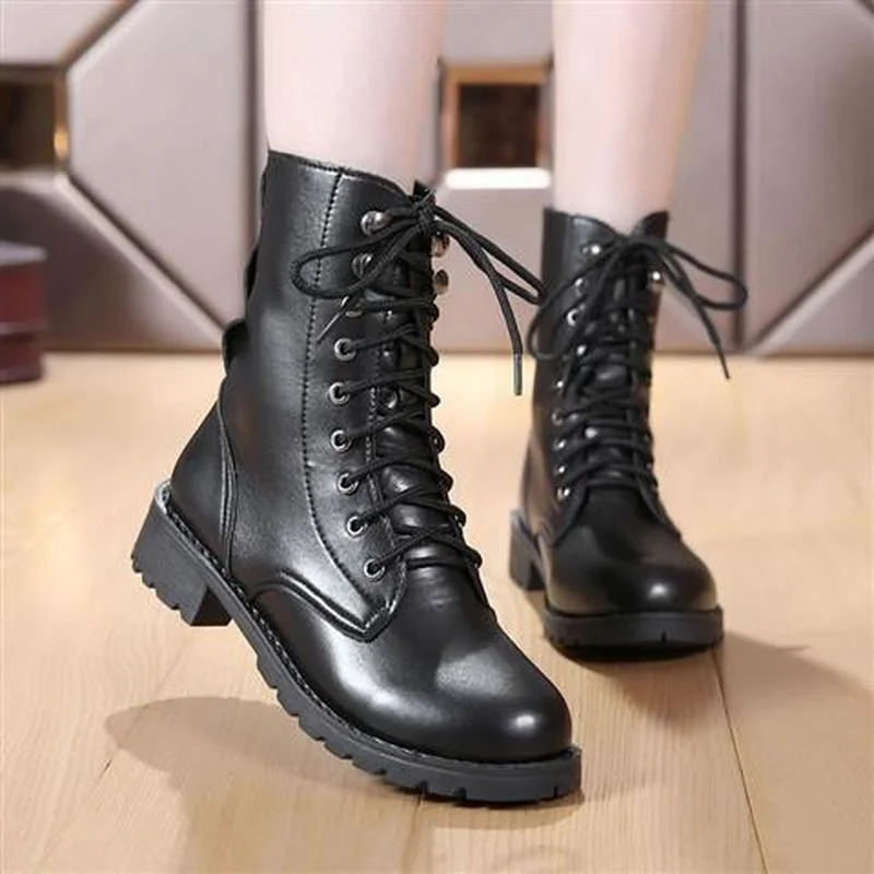 

Women's Shoes Mid Calf Boots Block Heels Ladies Leather Lace Up Cool Motorcycle Boots Comfortable Female Autumn Footwear 2022