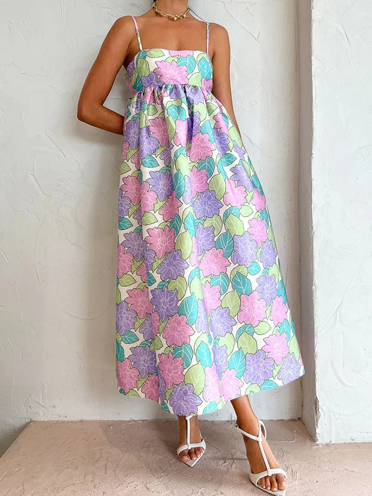

Женское атласное платье с цветочным принтом, свободное Длинное Элегантное платье на бретелях-спагетти с открытой спиной и квадратным вырезом, лето 2023
